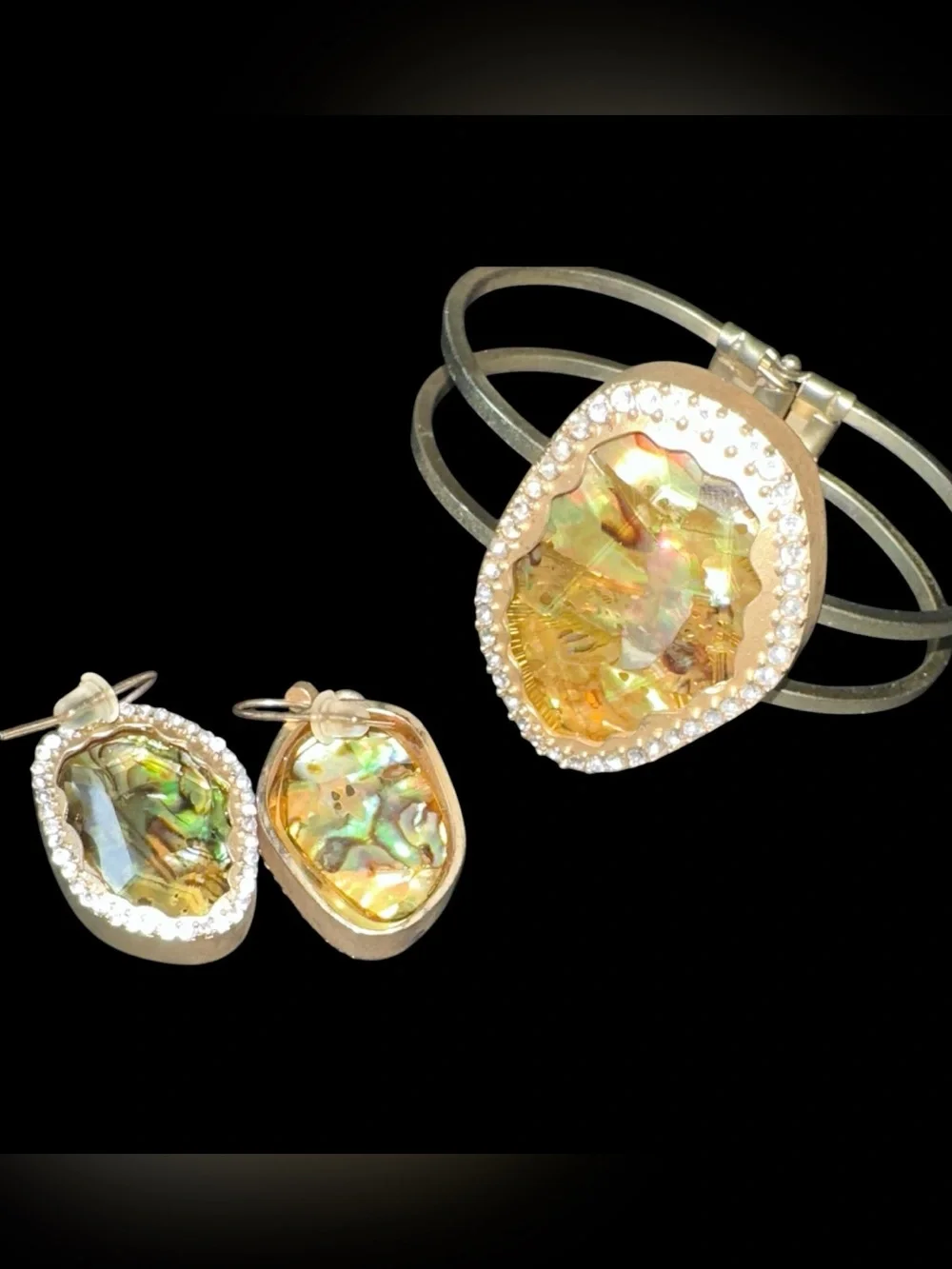 Hinged Cuff Bracelet with Matching Earrings Iridescent Abalone and Crystal